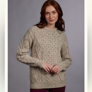 Vintage Aran Crafts Ireland 100% Wool Fisherman Sweater Speckled Beige Large